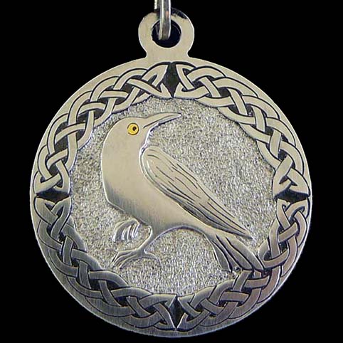 Closeup Of Crow With Gold Eye Pendant - Other View Of Celtic Crow Pendant