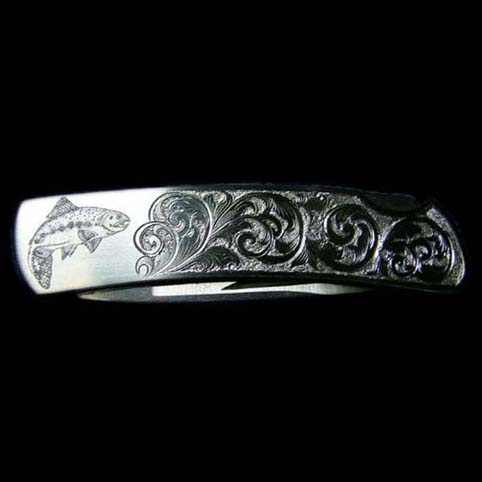 Knife Engraved With Fish Swimming In Tubulent Water - Leaf Scroll