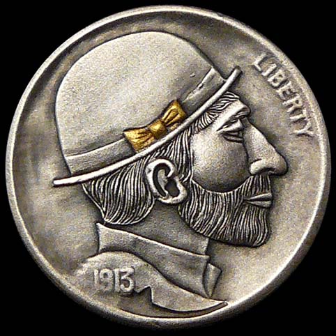 Hobo Nickel Engraved With A Hobo Named Jack Sporting A Neatly Trimmed Full Beard And Mustache Wearing A Bowler Hat With A Gold Bow