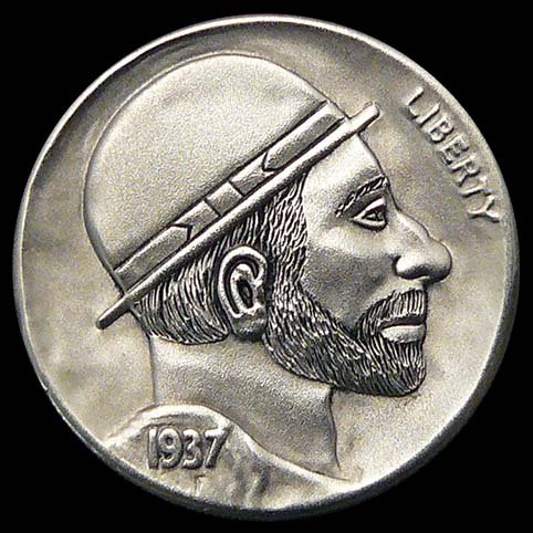Denny Hobo Nickel, Profile of Man with Bowler Hat and Beard Engraved on Coin