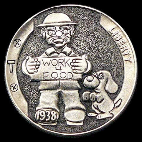 Hobo Holding Sign - Work 4 Food - Dog Standing On Hind Legs Engraved Coin