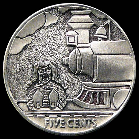 A Woman Bound To Railroad Tracks With Train Approaching - Other View Of Oh Poor Nell Hobo Nickel