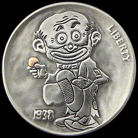 Hobo Nickel Engraved With A Happy, Smiling, Bald Hobo Who Just Found A Shiny, New Penny Is Seen Holding That New Penny In One Hand While Holding His Hat, A Banded Fedora, In The Other.
