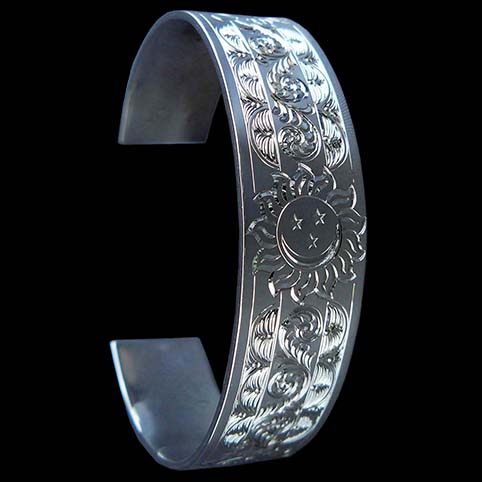Sterling Silver Bracelet Engraved With Sun, Moon, and Stars With Fandango Border And Scroll Center