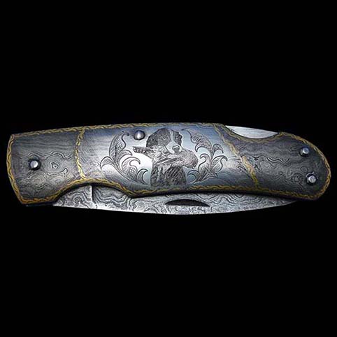 Knife Engraved With English Setter With Ruffed Grouse In Mouth