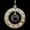 Circular, Gold Pendant Engraved With Bright Cut Style Running Scroll With Dangling Amethyst Gem